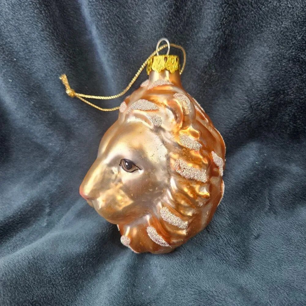Majestic Lion Head Glass Christmas Ornament Glitter Gold Bronze Holiday Decor